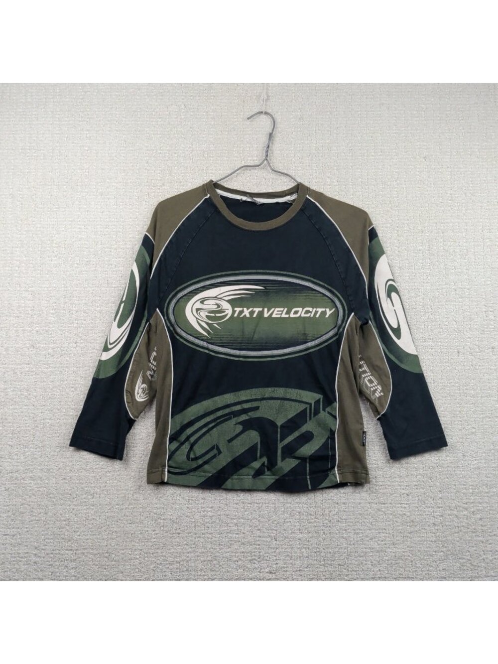 Y2K TXT Long Sleeve T Shirt Youth Tribal Grunge Goth Alt Racing Black / Green **